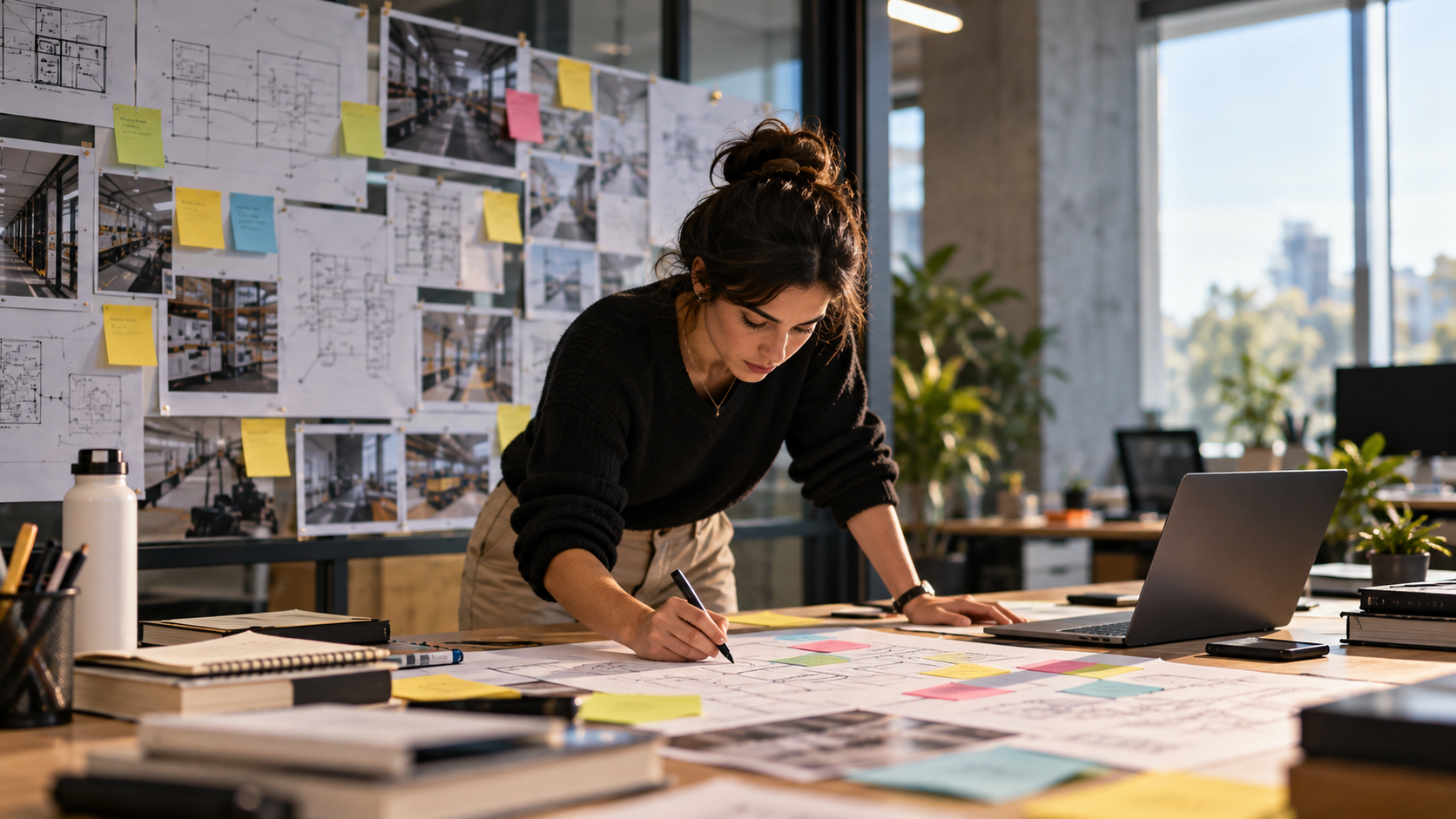 Una profesional trabajando sobre ideas, planos y experimentos en una mesa de trabajo